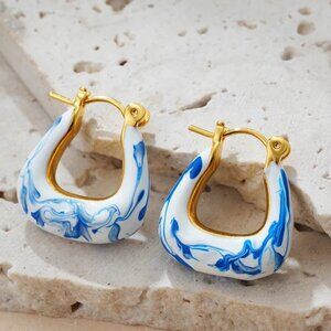 NEW 14K Yellow Gold White Blue Enamel Hoops Statement Earrings